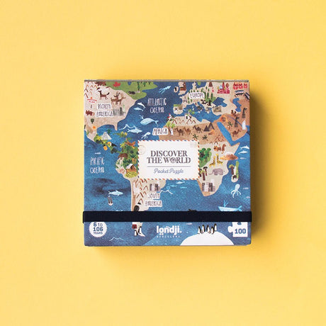 100pc Discover the World Pocket Puzzle showing colorful world map with continents and oceans on a yellow background