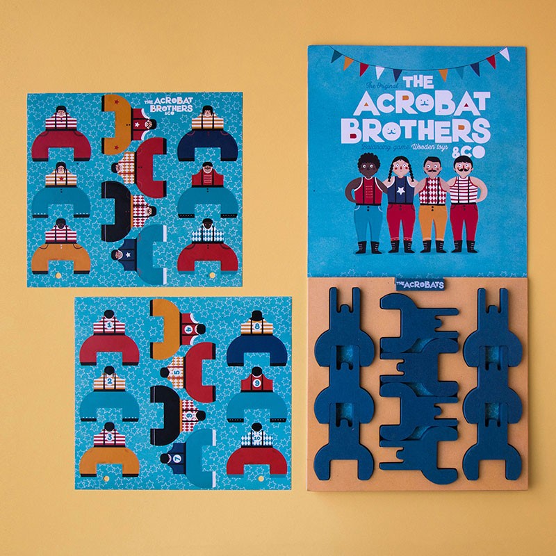 Acrobat Balancing Game with colorful wooden acrobat figures and sticker sheets for creative stacking fun.