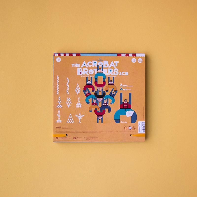 Acrobat Balancing Game box showing colorful wooden acrobat figures and possible tower formations on a yellow background