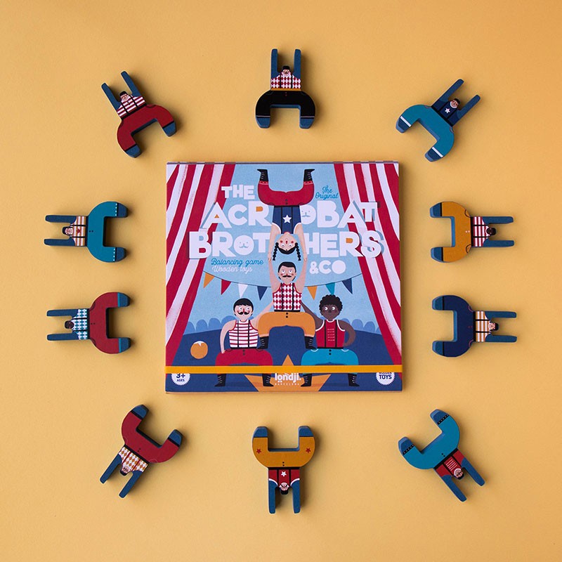 Acrobat Balancing Game with 10 colorful wooden acrobats arranged in a circle around the game box on a yellow background