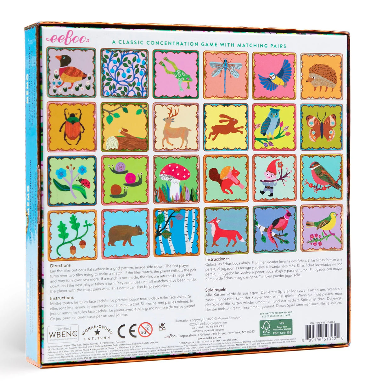 Memory & Matching Woodland game showing 24 animal pairs with vibrant illustrations on thick glossy cards.