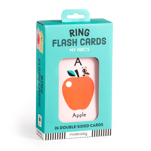 ABC Flash Cards colorful learning set with 26 double-sided cards on ring featuring uppercase letters and images.