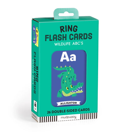 ABC Wildlife Flash Cards with colorful alligator illustration, 26 double-sided cards on a re-closeable ring for kids 1+ years.