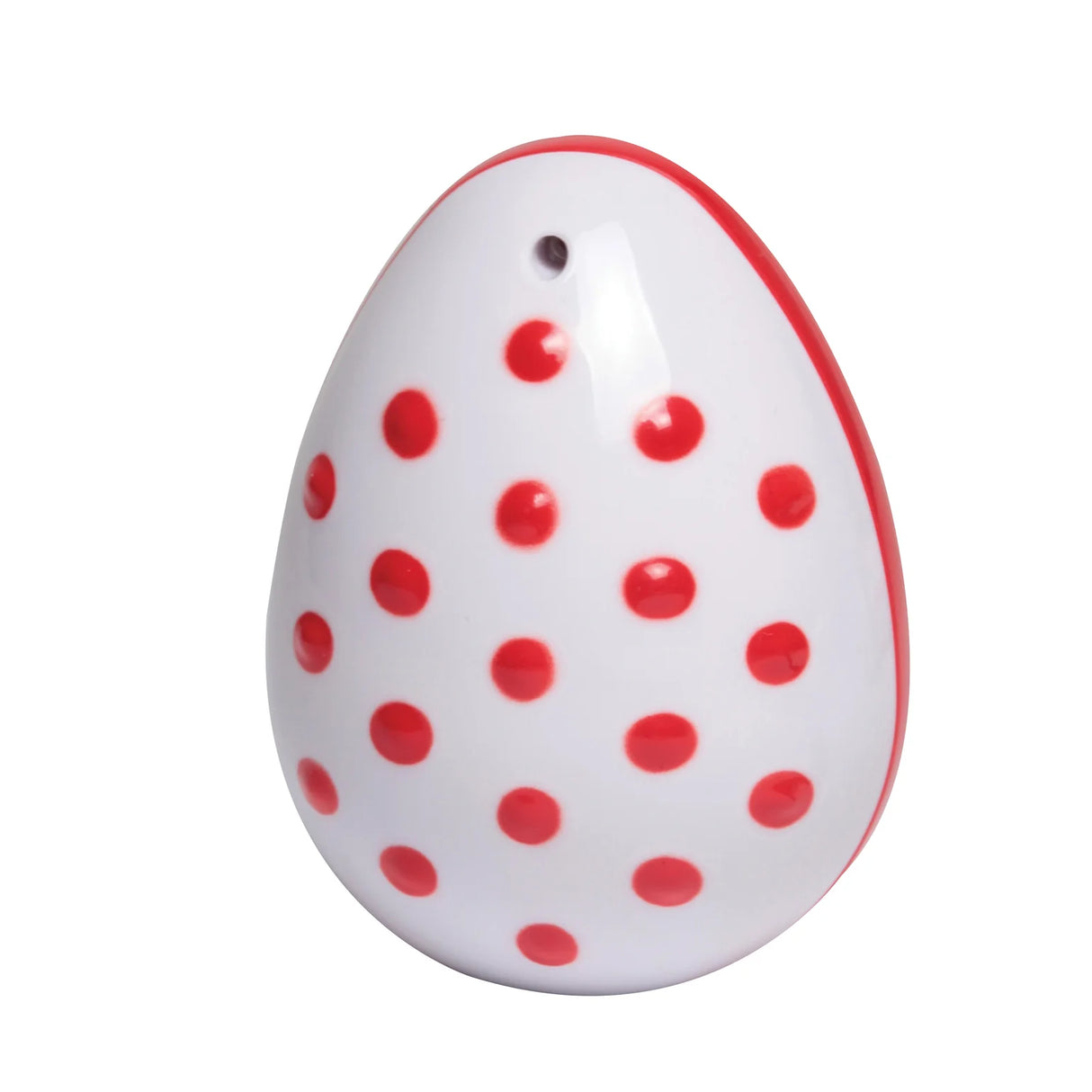 My First Baby Band egg shaker with white body and red polka dots, perfect musical toy for babies aged 6 months and up.
