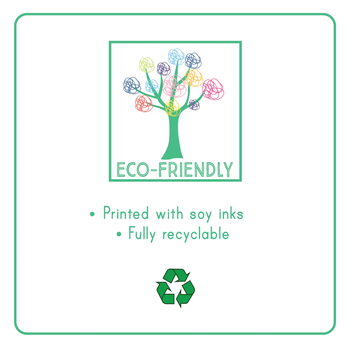 Eco-friendly label showing recycling symbol printed with soy inks for Tea Set | Rainbow Fairy packaging.