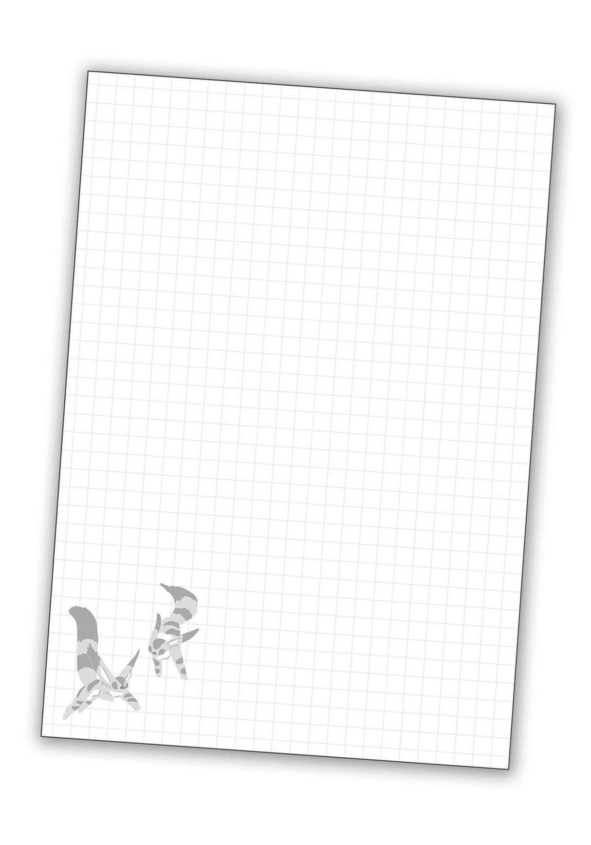 Inside page of Castle in the Sky B6 notebook. Graph paper with a small cartoon illustration of characters from the movie in the bottom left corner.