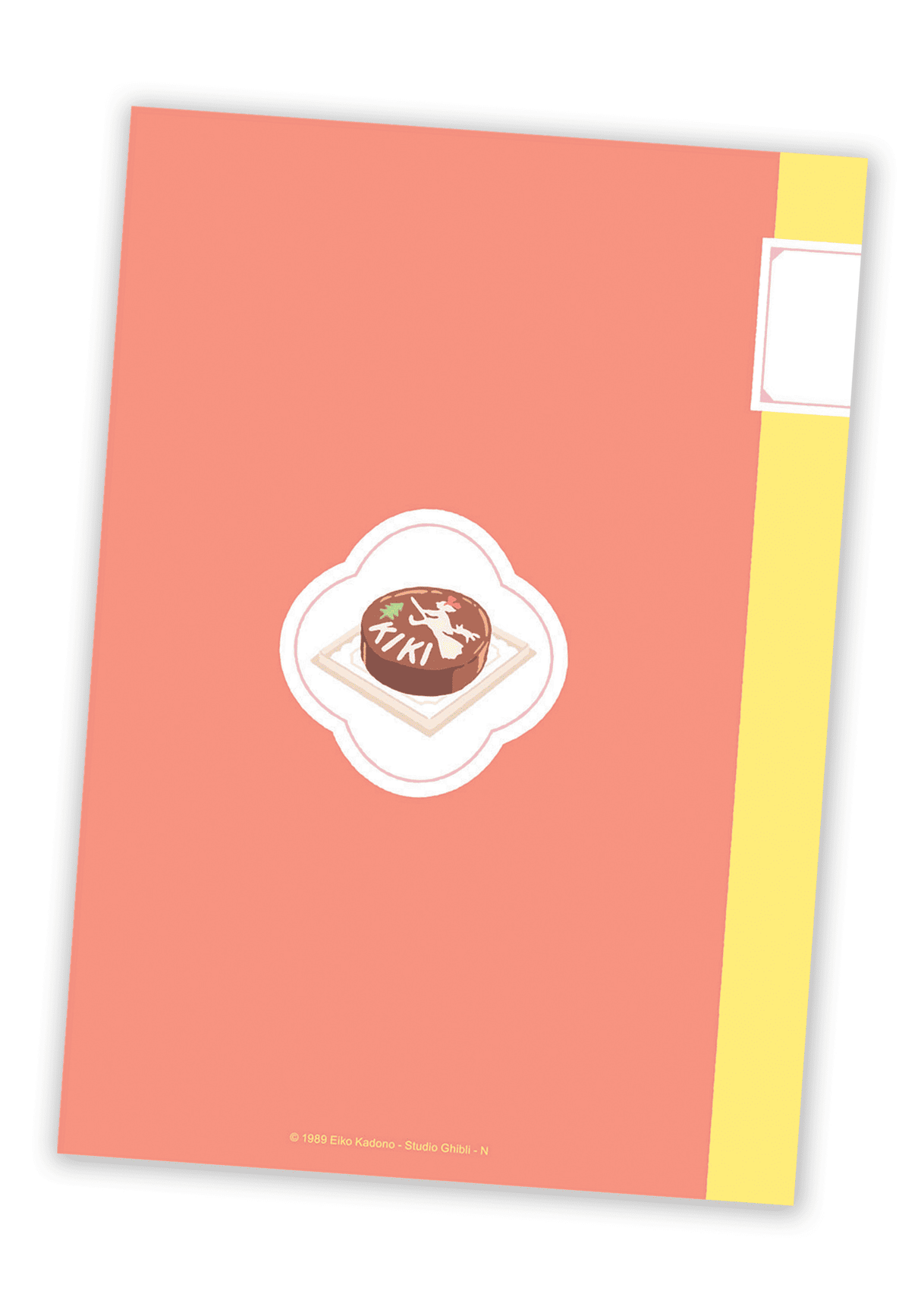 Back cover of Kiki's Delivery Service B6 notebook with small cartoon Kiki cake in the middle.