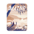 Maine Dock Sticker showing a peaceful lakeside scene with a person on a dock at sunset, durable vinyl design.