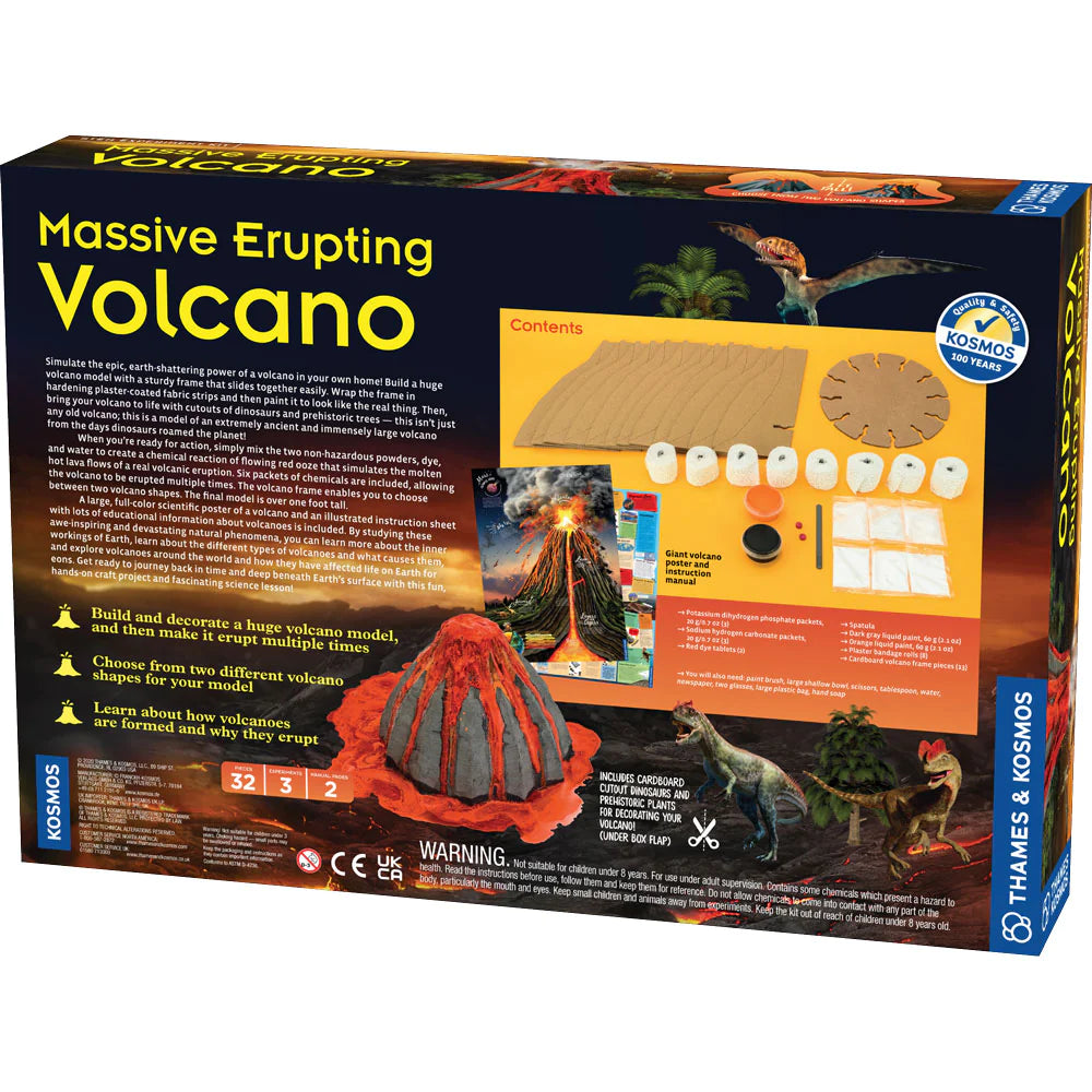 Massive Erupting Volcano model kit box showing volcano build, dinosaur cutouts, and educational poster.