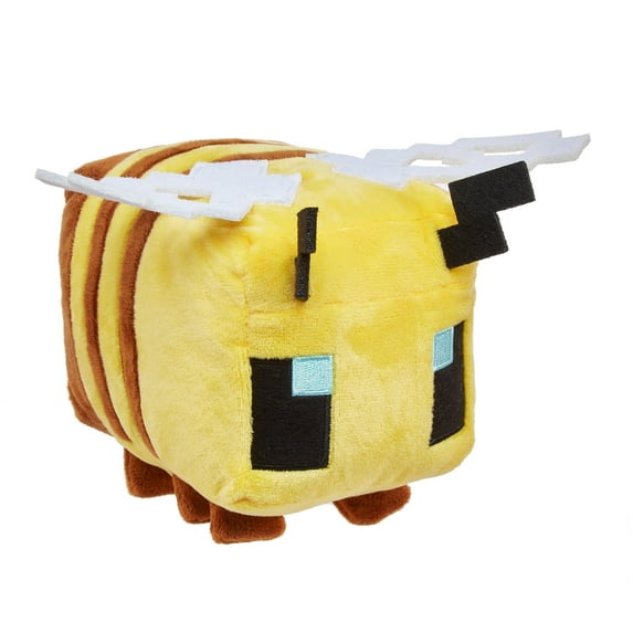 Soft plush Minecraft bee character with embroidered details and striped yellow and brown body, 8 inches long collectible toy