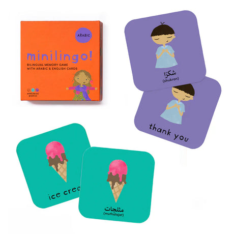 Image of game box reading "Minilingo! Bilingual Memory Game with Arabic & English Cards", as well as two sample cards with a cartoon image and English and Arabic translations for "ice cream" and "thank you".