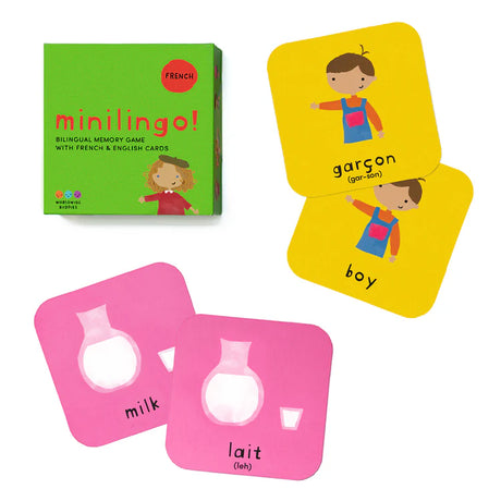 Image of the game box reading "Minilingo! Bilingual Memory Game with French & English Cards", as well as two sample cards with a cartoon image and English and French translations for "milk" and "boy".