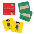 Image of the game box reading "Minilingo! Bilingual Memory Game with Mandarin & English Cards", as well as two sample cards with a cartoon image and English and Mandarin translations for "book" and "boy".