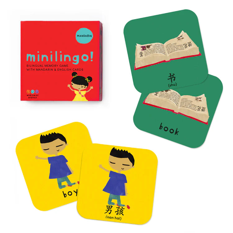 Image of the game box reading "Minilingo! Bilingual Memory Game with Mandarin & English Cards", as well as two sample cards with a cartoon image and English and Mandarin translations for "book" and "boy".