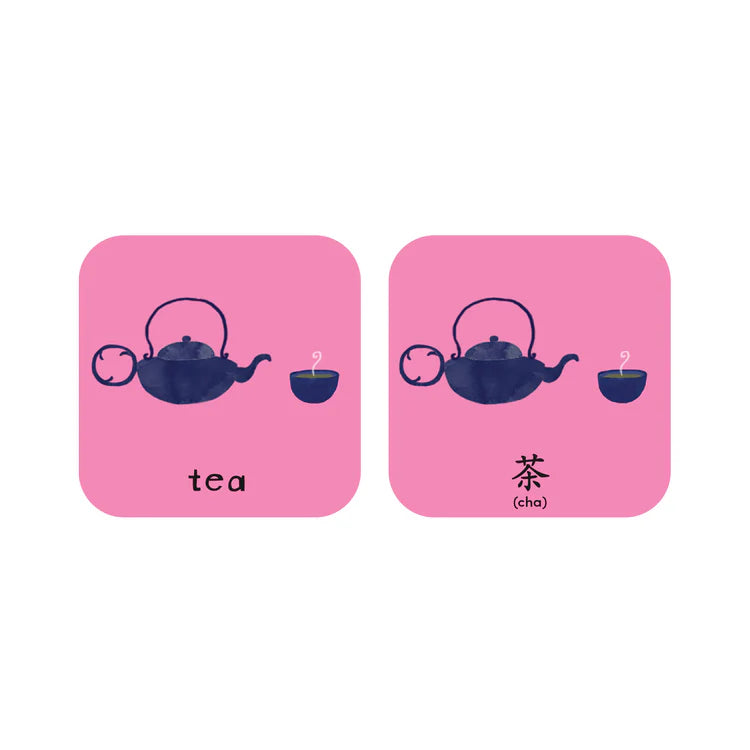 Sample pair of cards measuring 2.95" x 2.95" featuring cartoon image of a tea kettle and mug and English and Mandarin translations for "tea".