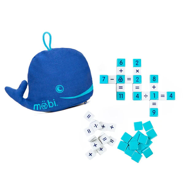 Mobi Number Tile Game with blue whale pouch and math equation tiles arranged in a crossword style grid.