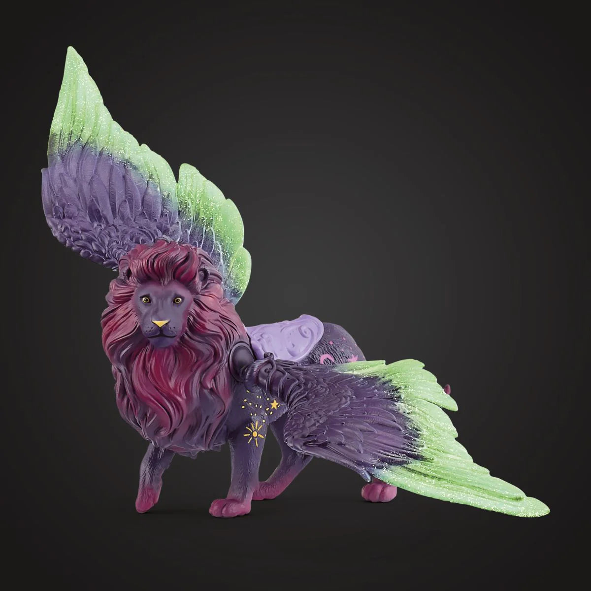 Bayala | Moon Lion figure with dark fur, glowing purple and gold mane, and large green and purple wings.
