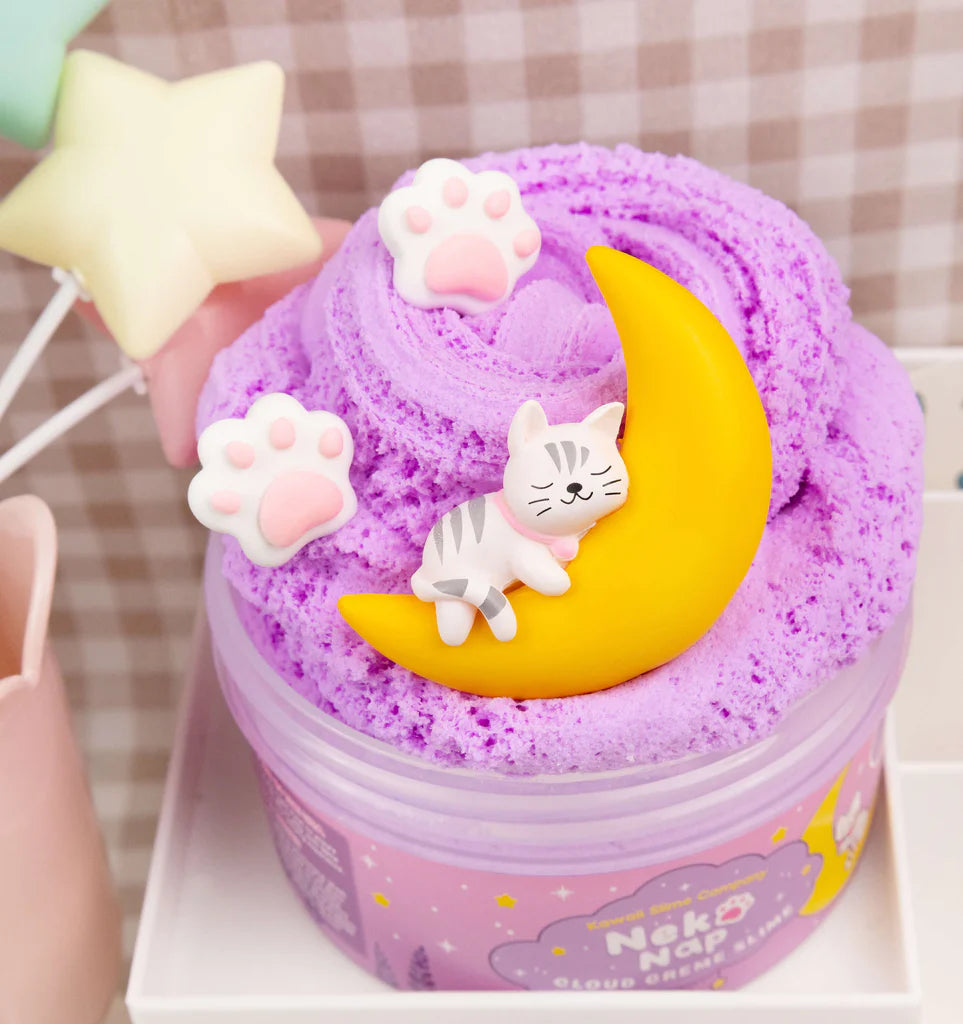Neko Nap Cloud Creme Slime with lavender scent, purple fluffy texture, and cute cat and moon decorations.