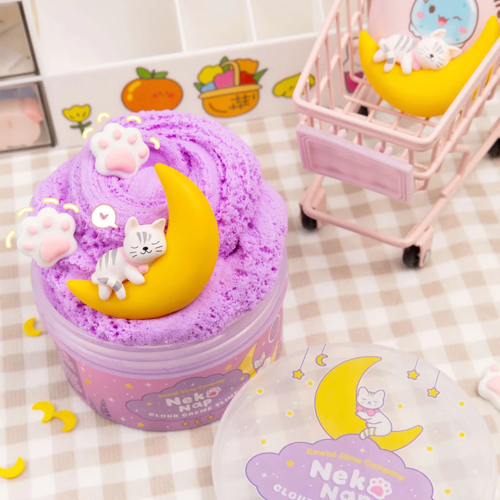 Neko Nap Cloud Creme Slime in lavender purple with cute cat and moon decorations for relaxing sensory play