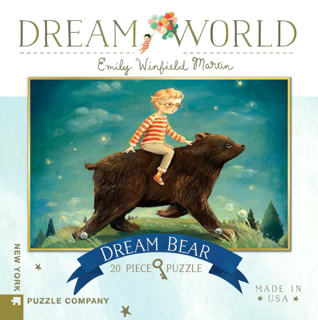 20pc Mini Dream Bear Puzzle featuring a child riding a bear under stars, made in USA, 9x6 inches, linen finish.
