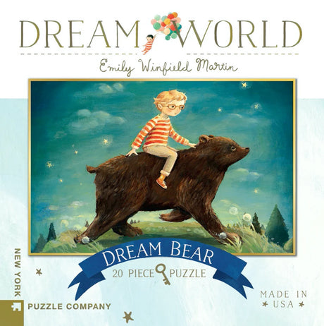 20pc Mini Dream Bear Puzzle featuring a child riding a bear under stars, made in USA, 9x6 inches, linen finish.