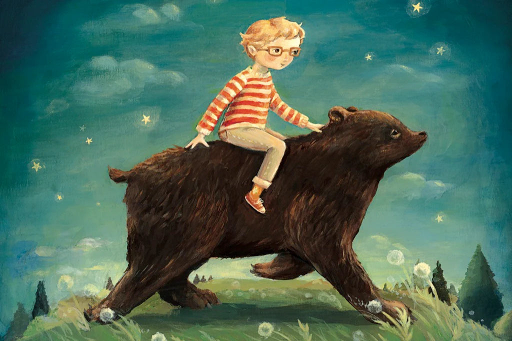 20pc Mini Dream Bear Puzzle featuring a child riding a friendly bear under a starry sky in whimsical art style