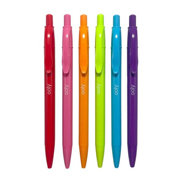 Bright Writers Ballpoint Pens set of 6 retractable colorful ballpoint pens in red, pink, orange, green, blue, and purple.