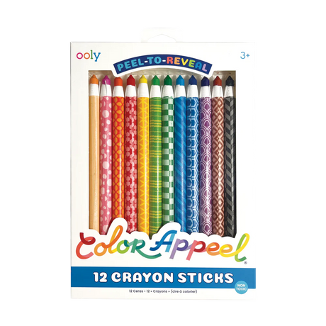 Color Appeel Crayons set of 12 peel-to-reveal crayons with bright colors and patterned barrels for smooth drawing.