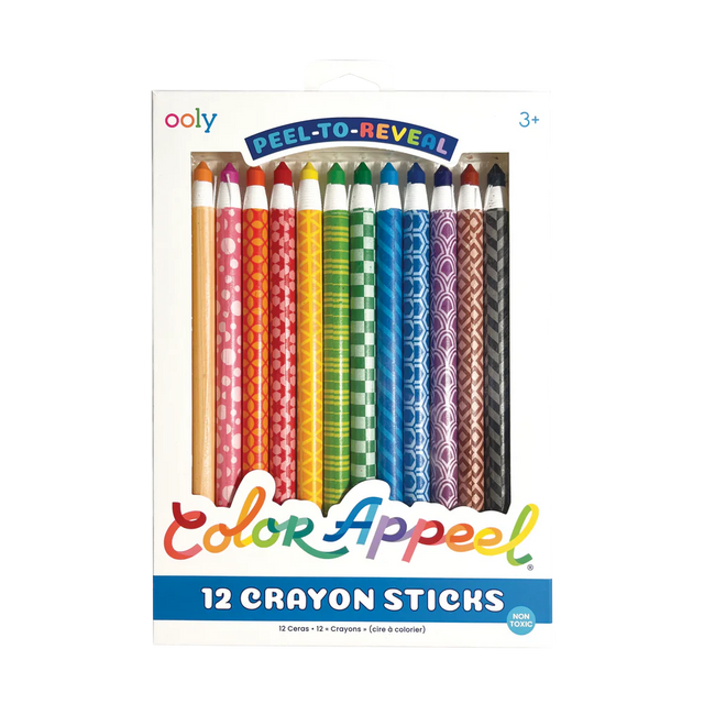 Color Appeel Crayons set of 12 peel-to-reveal crayons with bright colors and patterned barrels for smooth drawing.