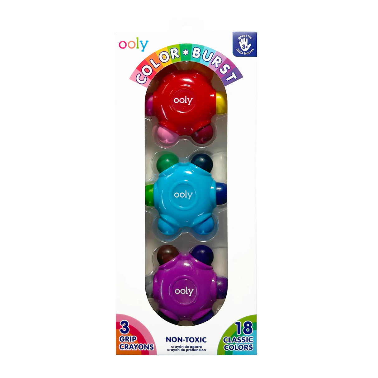Color Burst Grip Crayons set of 3 ergonomic, non-toxic kids crayons with 18 classic colors for easy gripping.
