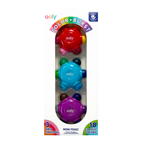 Color Burst Grip Crayons set of 3 ergonomic, non-toxic kids crayons with 18 classic colors for easy gripping.