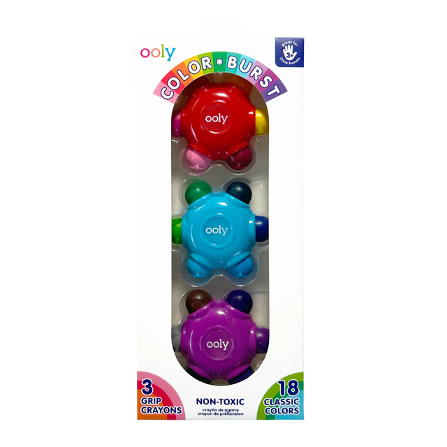 Color Burst Grip Crayons set of 3 ergonomic, non-toxic kids crayons with 18 classic colors for easy gripping.