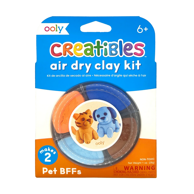 Creatibles Air Dry Clay Kit Pet BFFs with four non-toxic clay colors to create an orange kitten and blue dog sculptures.