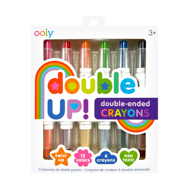 Double Up! Double Ended Crayons pack with 6 twist-up crayons, 12 colors, non-toxic and washable for kids 3 and up.
