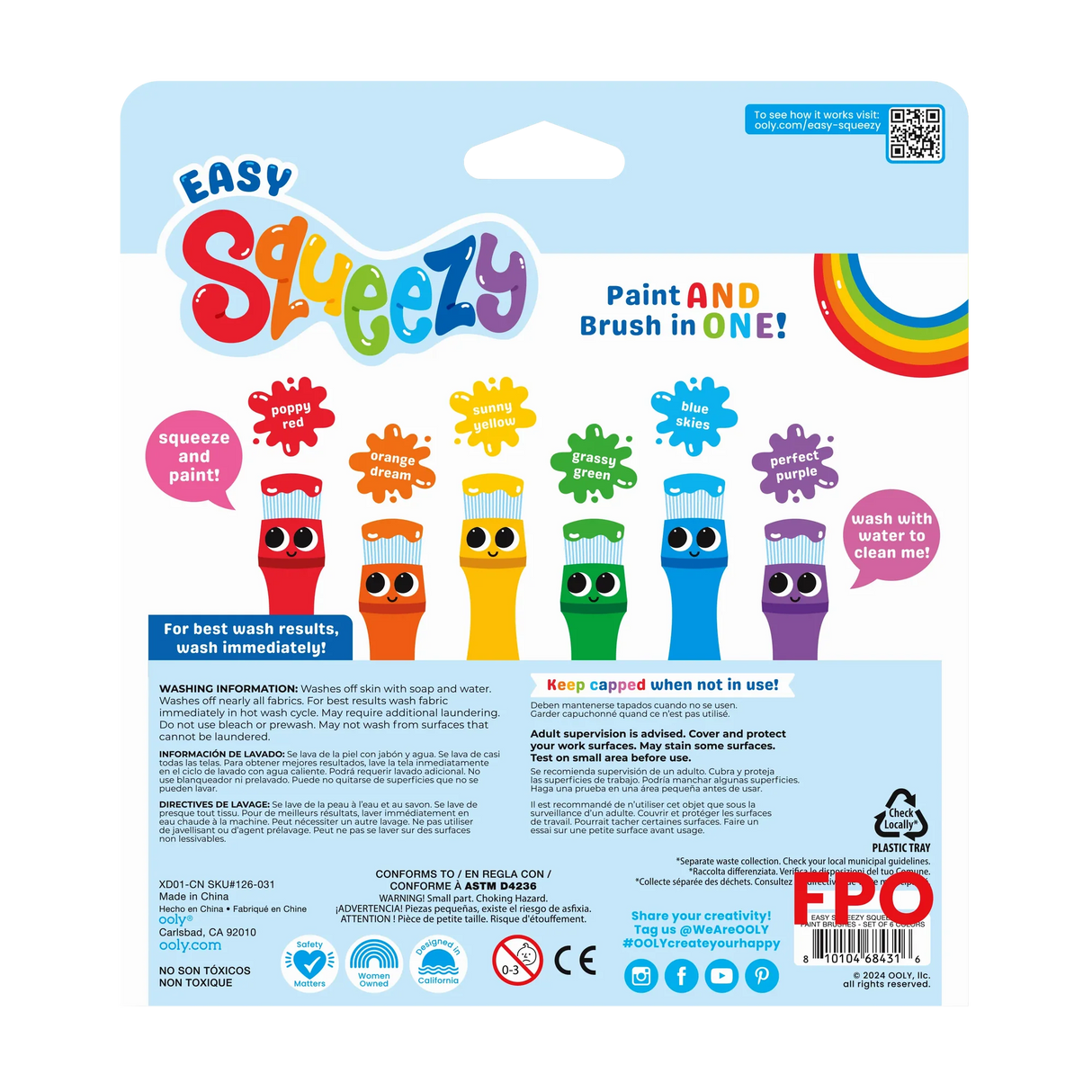 Easy Squeezy Squeezable Poster Paint Brushes pack with six colorful squeezable paint brushes for kids.