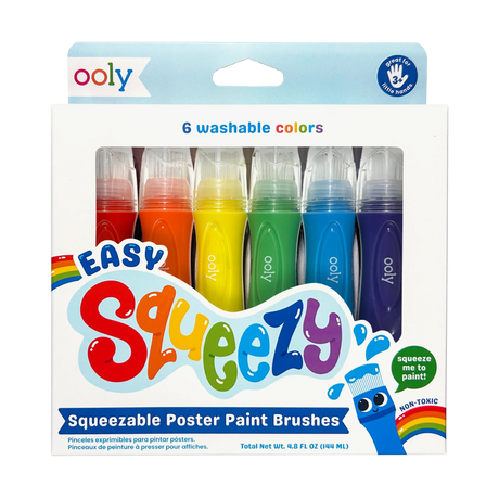 Easy Squeezy Squeezable Poster Paint Brushes set of 6 washable, squeezable, non-toxic paint colors for kids.