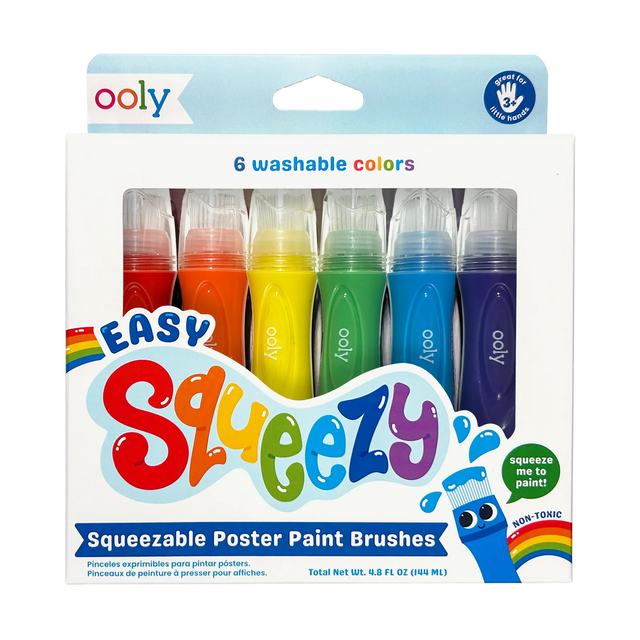 Easy Squeezy Squeezable Poster Paint Brushes set of 6 washable, squeezable, non-toxic paint colors for kids.