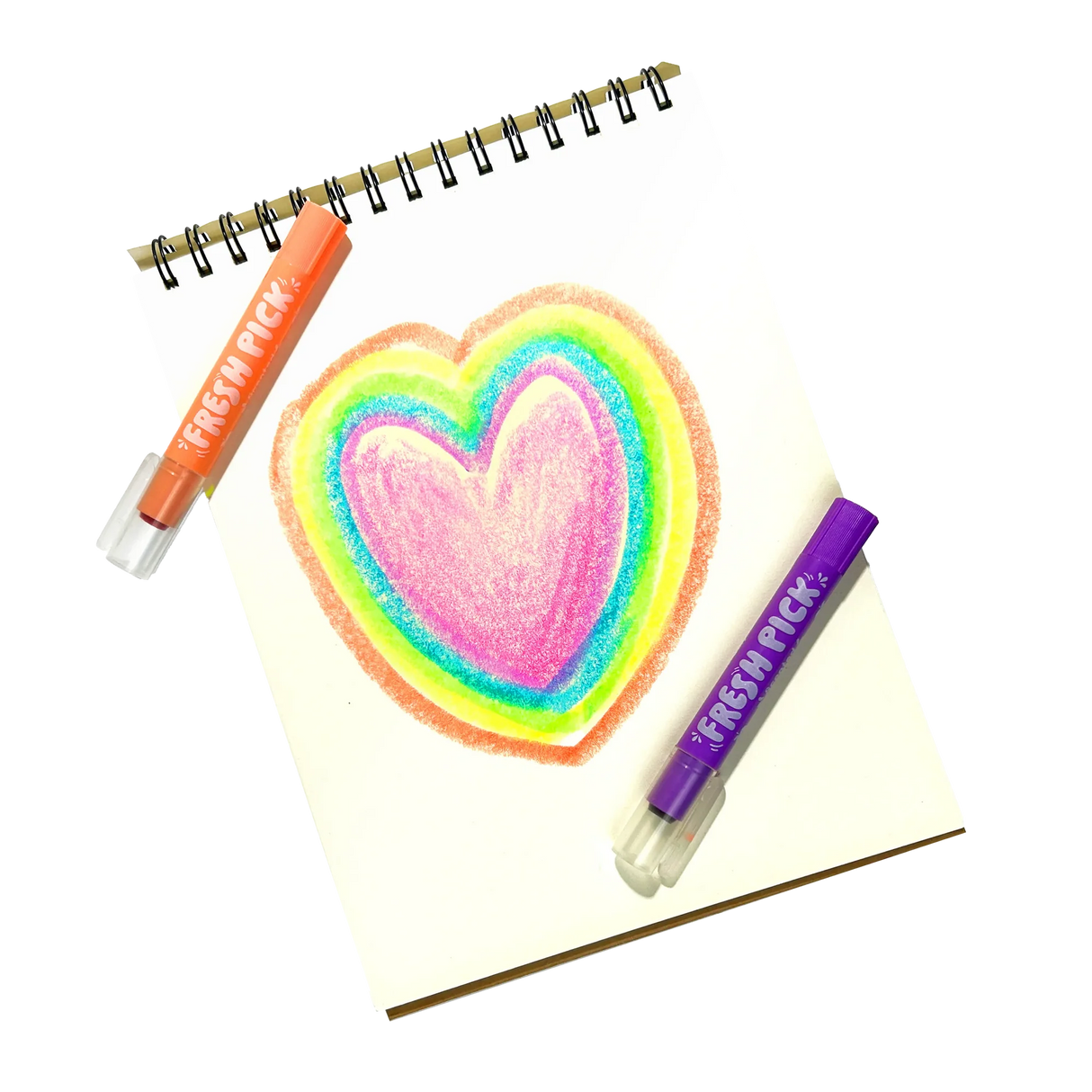 Fresh Pick Apple Scented Neon Gel Crayons with bright rainbow heart drawing on spiral notebook page.