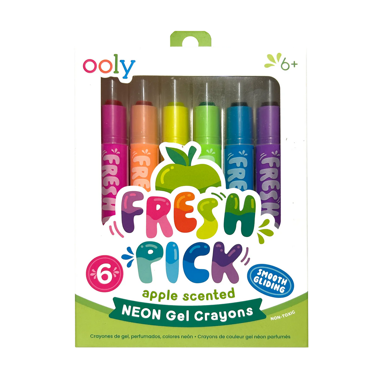 Fresh Pick Apple Scented Neon Gel Crayons pack showing six brightly colored, smooth-gliding, green apple scented gel crayons.