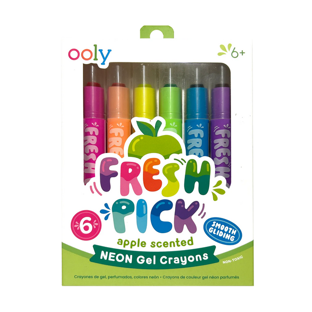 Fresh Pick Apple Scented Neon Gel Crayons pack showing six brightly colored, smooth-gliding, green apple scented gel crayons.
