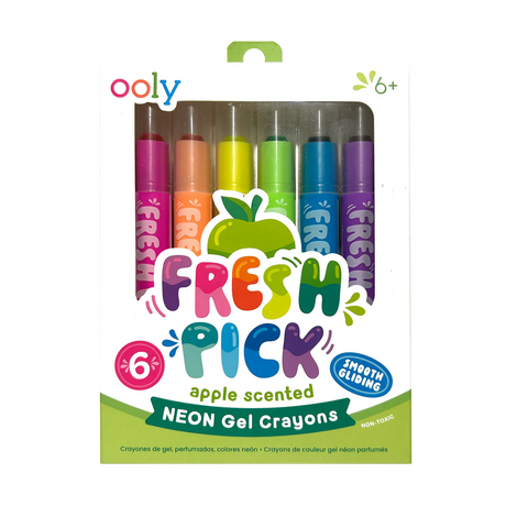 Fresh Pick Apple Scented Neon Gel Crayons pack showing six brightly colored, smooth-gliding, green apple scented gel crayons.