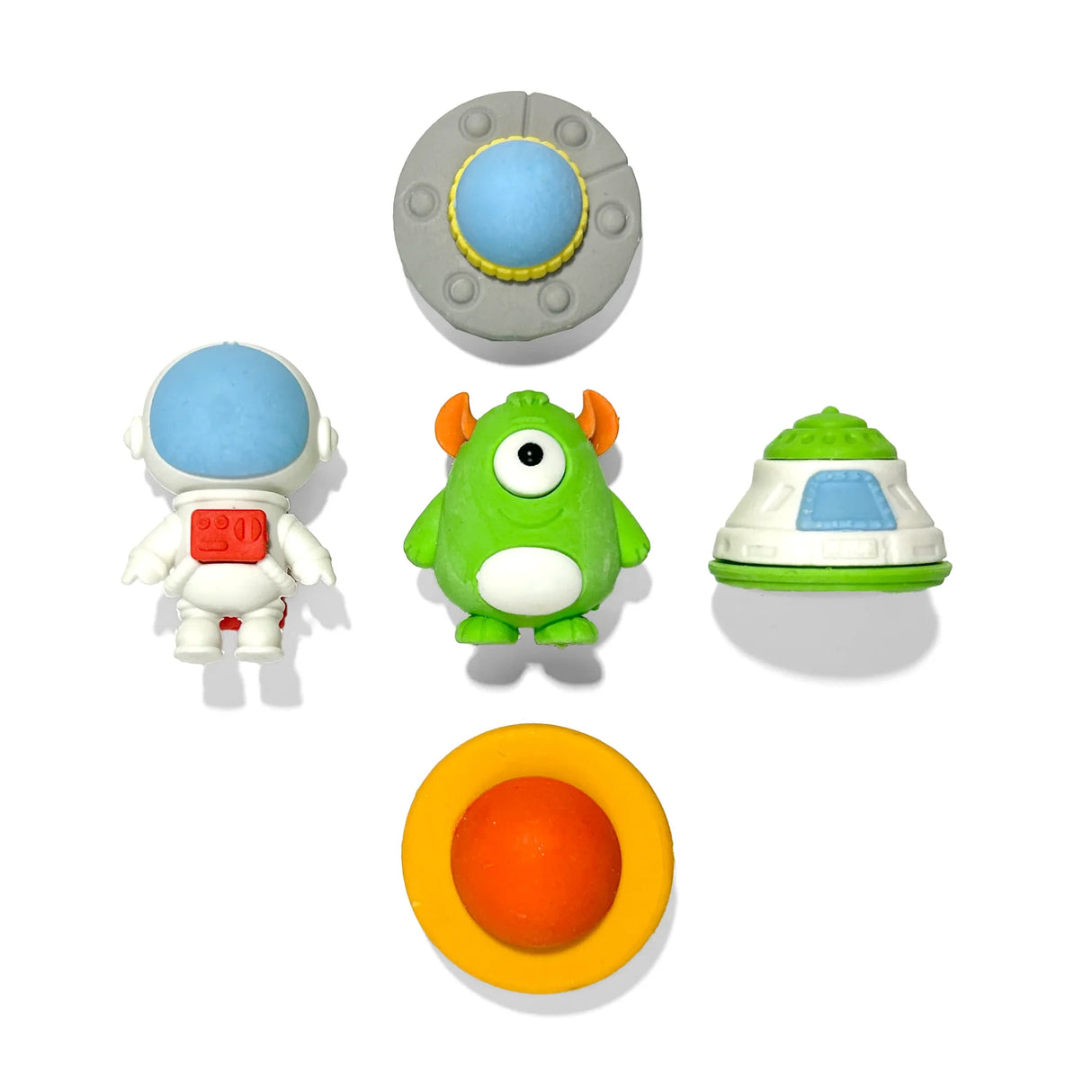 Outta this World Puzzle Erasers set with alien, astronaut, spaceships, and planet, cream soda scented and fun to use.