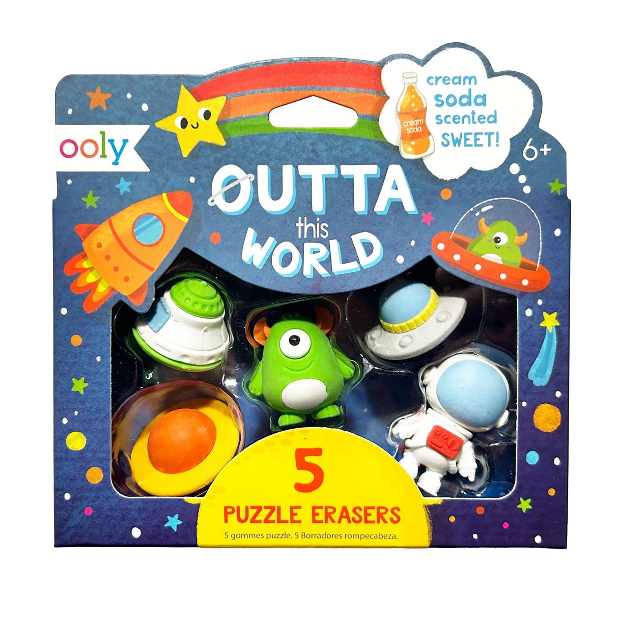 Outta this World Puzzle Erasers set of 5 space-themed cream soda scented alien, astronaut, spaceship, and planet erasers.