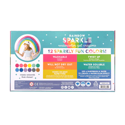 Rainbow Sparkle Watercolor Gel Crayons set with 12 washable, twist-up colors for vibrant watercolor effects.