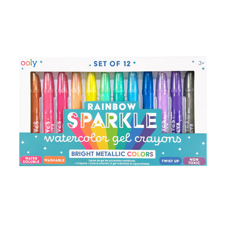 Rainbow Sparkle Watercolor Gel Crayons set of 12 bright metallic colors with twist-up, washable, nontoxic crayons.