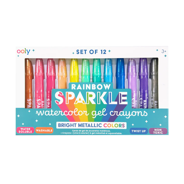 Rainbow Sparkle Watercolor Gel Crayons set of 12 bright metallic colors with twist-up, washable, nontoxic crayons.
