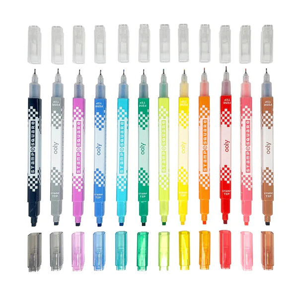 Stamp A Square Markers set of 12 colorful dual-tip markers with square stamp and fine tip for writing and drawing.