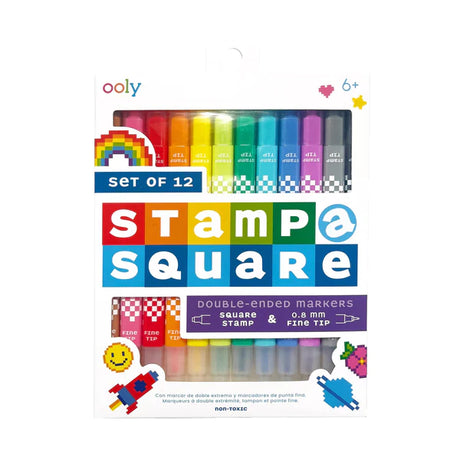 Stamp A Square Markers set of 12 double-ended non-toxic markers with square stamp and fine tip for drawing and writing.