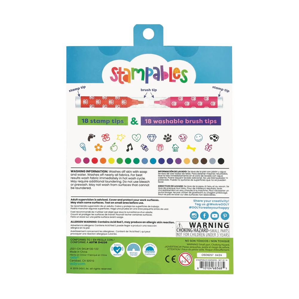 Stampables Double-Ended Stamp Markers pack showing 18 stamp tips and 18 washable brush tips with colorful designs.