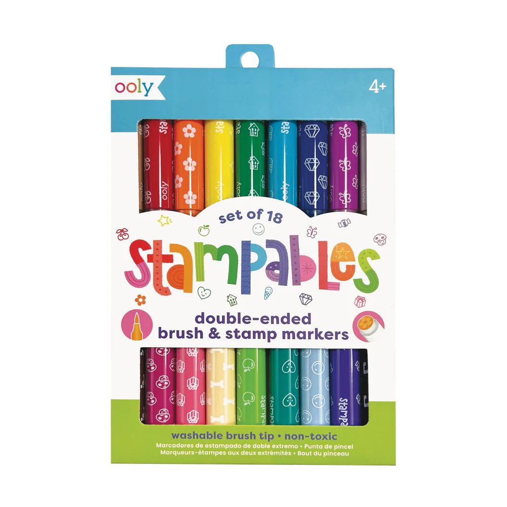 Stampables Double-Ended Stamp Markers set of 18 colorful washable brush and stamp markers for kids 4 and up.